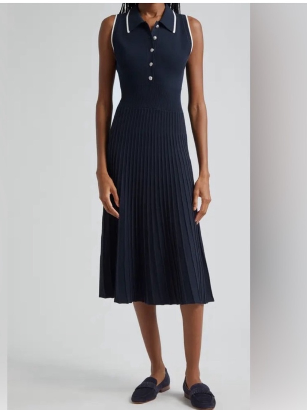 Veronica Beard Navy Sleeveless Polo Midi Dress with White Trim